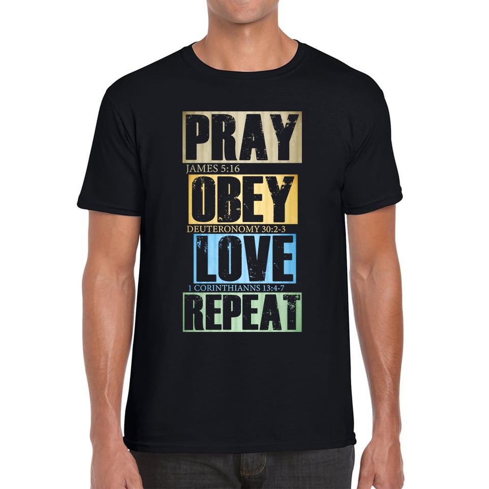 Pray Obey Love Repeat Vintage Christian Bible Christianity Mens Tee Top S