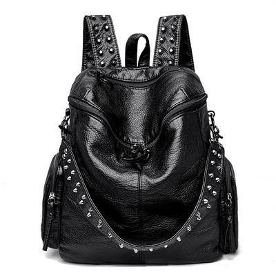 New Fashion Rivet Backpack Washed Leather Backpack Large Capacity Multi Pocket Soft Bag Trend Travel Backpack