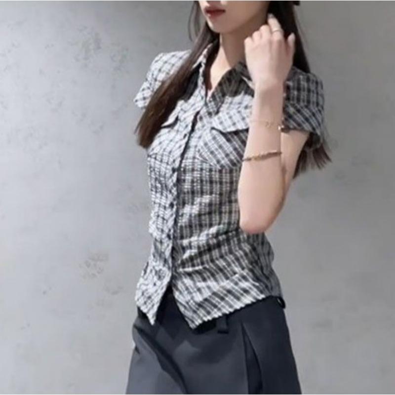 Retro Kariertes Kurzarmhemd für Damen Sommer Neues Temperament Hemd Slim Fit Top