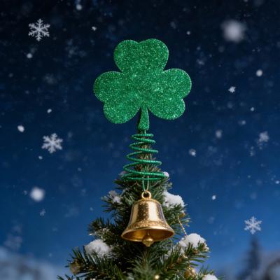 St. Cime d'arbre trèfle de la Saint-Patrick avec base à ressort Paillettes Trèfle irlandais Décoration de cime de sapin de Noël Miniature Ornement de fête