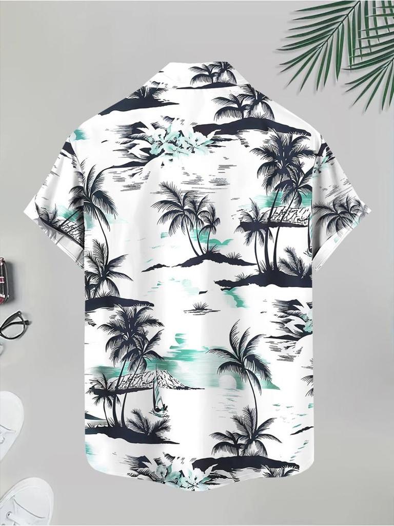 Herren Freizeit-Kurzarmhemd, Mehrfarbig, Verschiedene Größen erhältlich, Polyester-Material, Kokospalmen-Musterdruck, Geeignet für den täglichen Gebrauch,