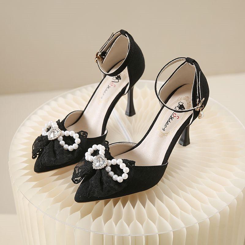 

High heels women s new spring and autumn hollow pointed pearl bow one-word buckle stiletto single shoes women 39 чорний