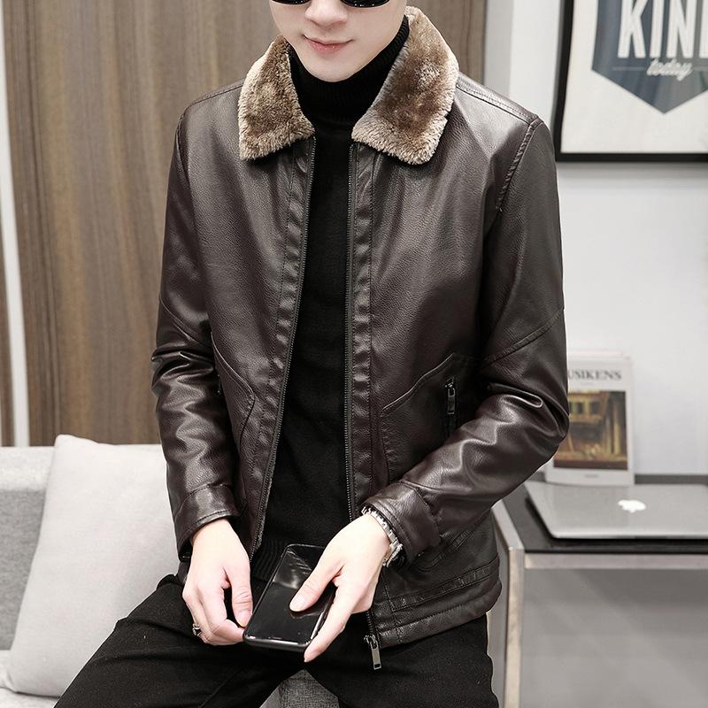 

Мужская плюшевая кожаная куртка, осенне-зимняя новая корейская версия, красивая кожаная куртка с меховым воротником, теплая и модная одежда от бренда XXXXL