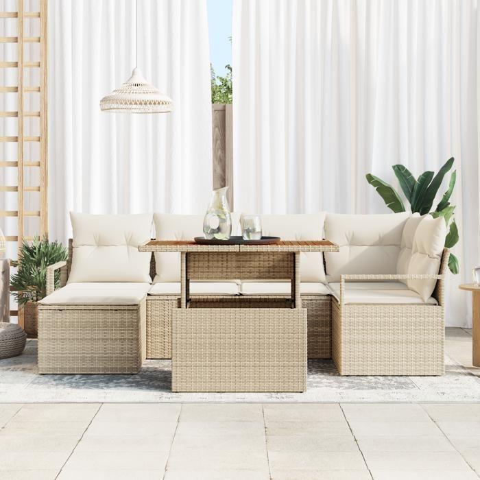 Canapé de jardin 7 pièces avec coussins beige en rotin poly vidaXL, Canapé de jardin 2 places avec coussins beige en rotin 3349735