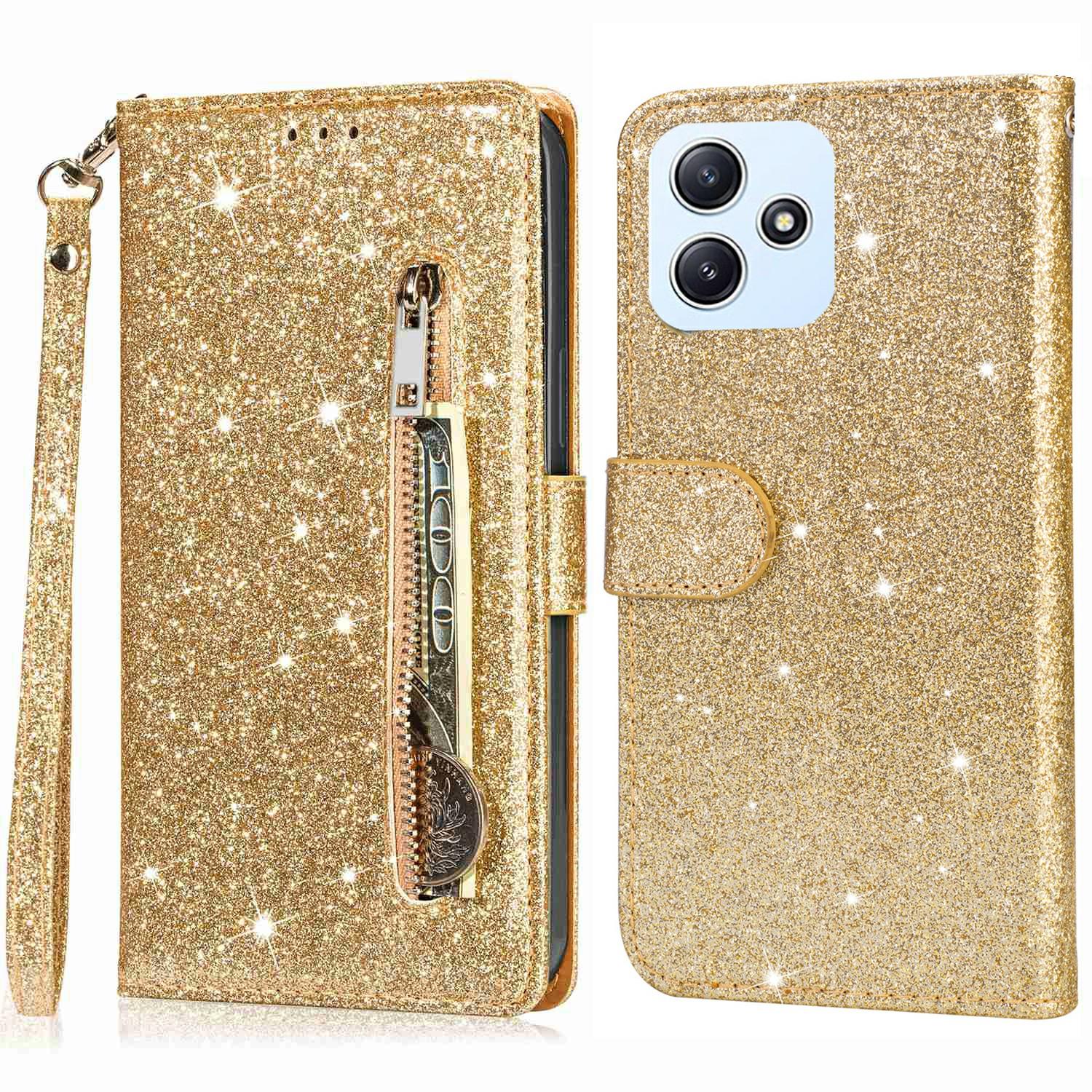 

For Xiaomi Redmi 12 4G/5G (Global)/Poco M6 Pro 5G Case Zipper Pocket Glittery Leather Cover Gold