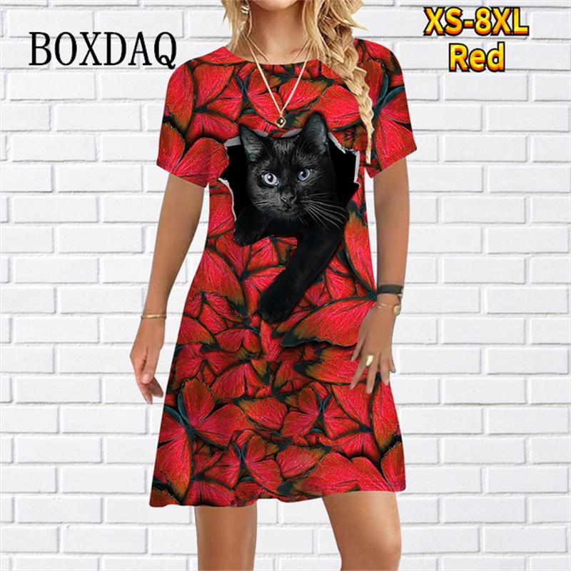 Funny Cute Cat Print Loose Dress For Womens Girls Casual Short Sleeve Cartoon Mini Dress Summer New Beach Party Sundress