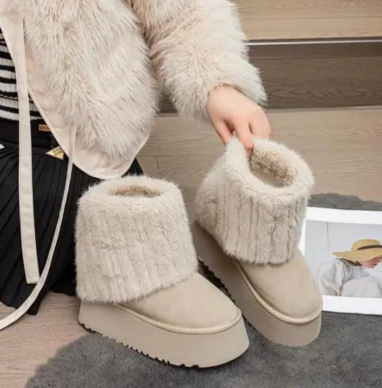 Fashion 11CM Cow Leather Flat Autumn Women Motorcycle Mid-calf Booties Platform Fashion Winter Warm Plush Turned-over Edge Snow Boots