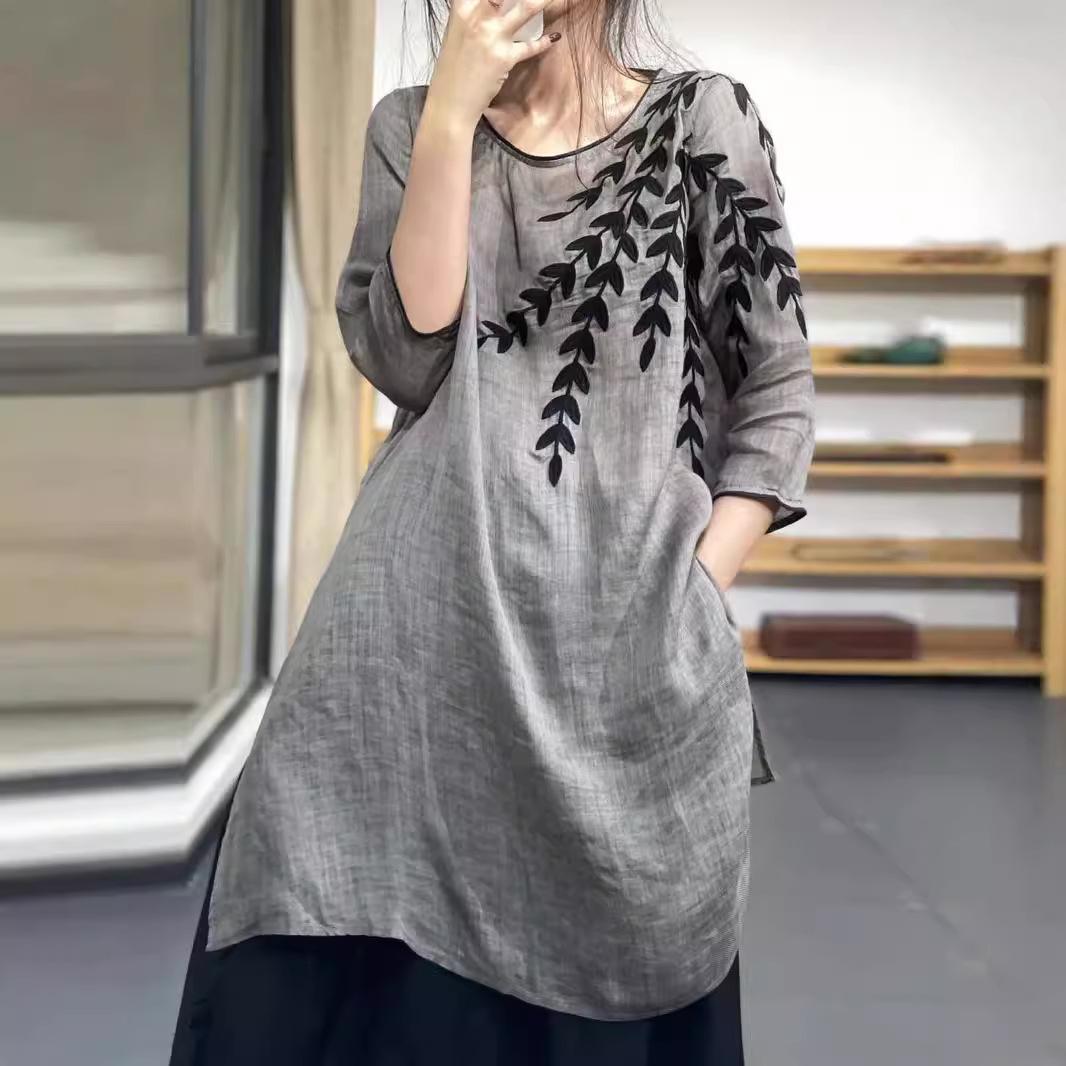 

Жіночий одяг з вишивкою та асиметричним вирізом O-подібним вирізом, літні вільні вінтажні топи, офісні жіночі сорочки нерегулярного крою 2XL