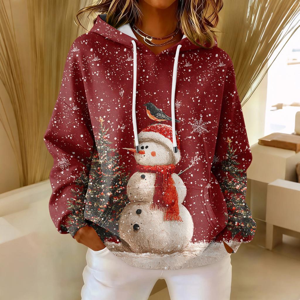 Dámská volná pohodlná ležérní módní mikina s dlouhým rukávem a vánočním potiskem ve výstřihu do V