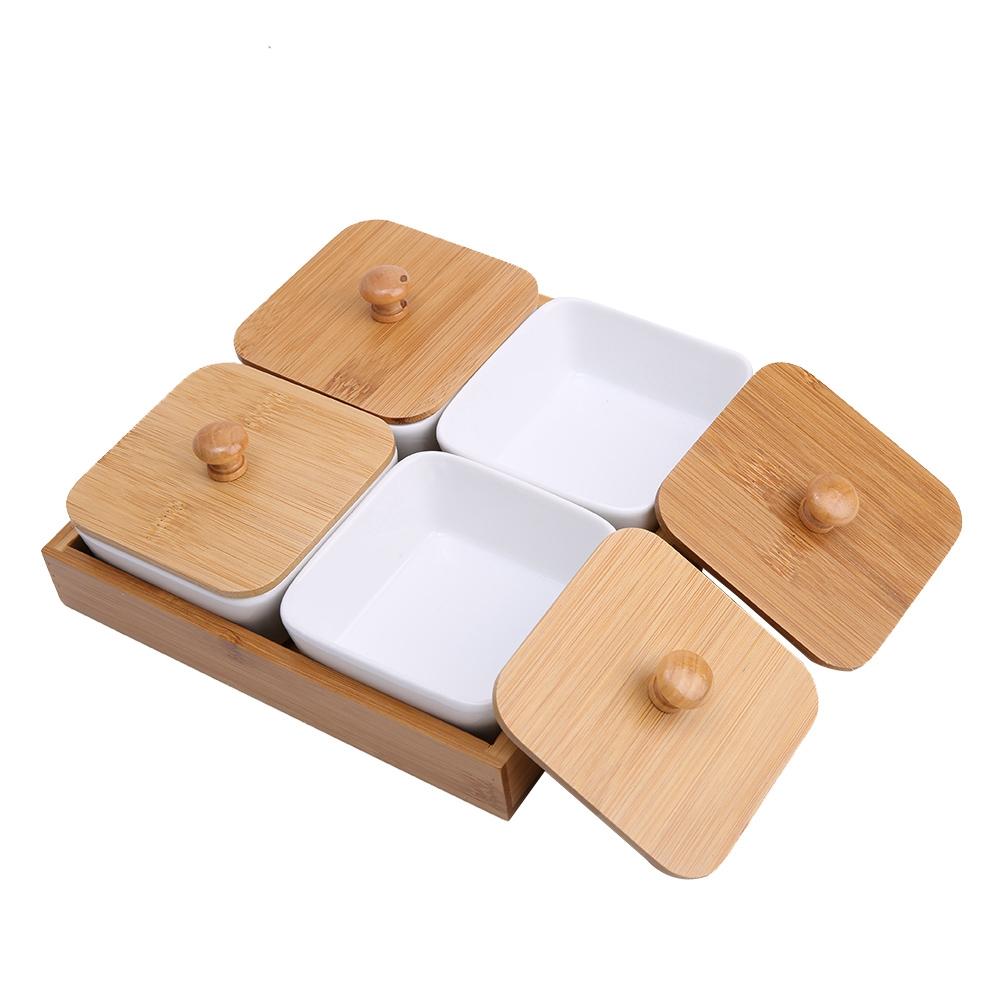 Ceramic Appetizer Serving Plate with Bamboo Tray Cover for Fruits Nuts Desserts (4-Compartment)