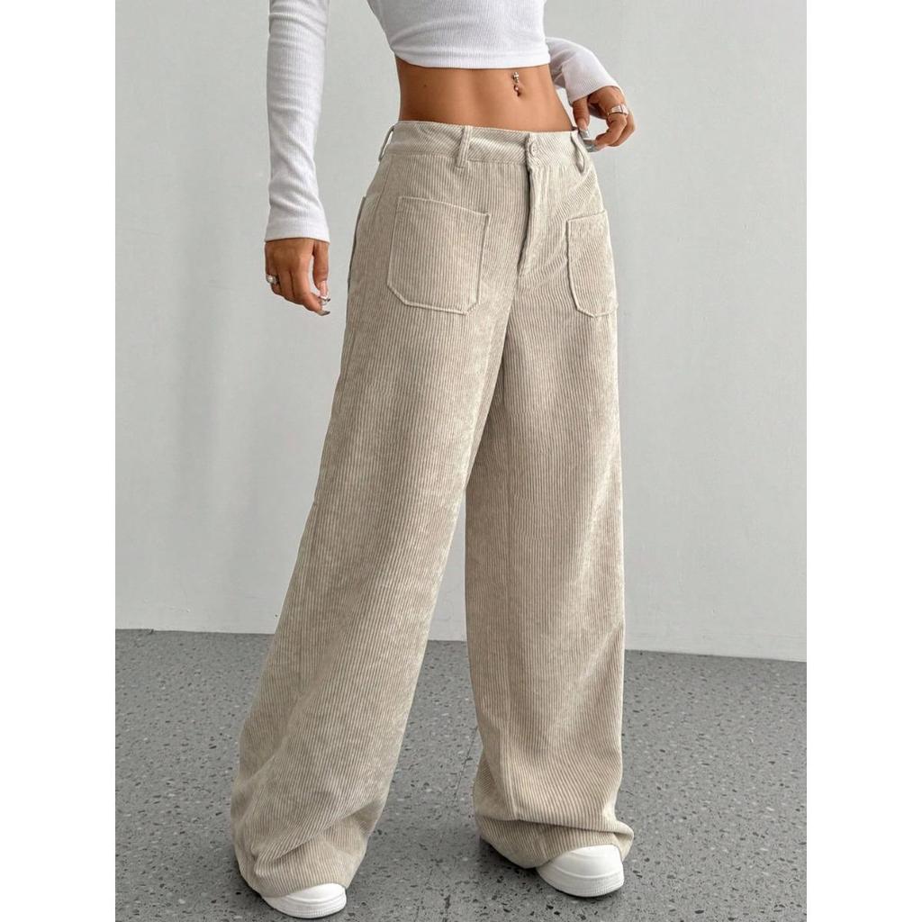 Corduroy-Textured Women's High-Waisted Wide-Leg Pants | Relaxed Fit, Side Pockets & All-Season Comfort, Machine Washable Beige Trousers
