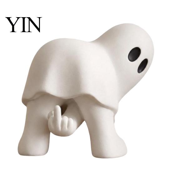 Einzigartige Harzskulptur für Partys Lustige Mittelfinger-Geisterfigur, Neuartige Weiße Statue, Gruseliges Virales Geschenk Halloween Tischdekoration Kaminsims,