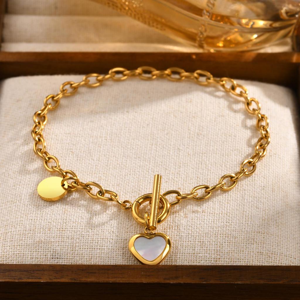 Round Cross Chain Shell Heart Shaped OT Buckle Bracelet for Women Rectangular Chain Double Ring Imitation Pearl Bracelet Jewelry