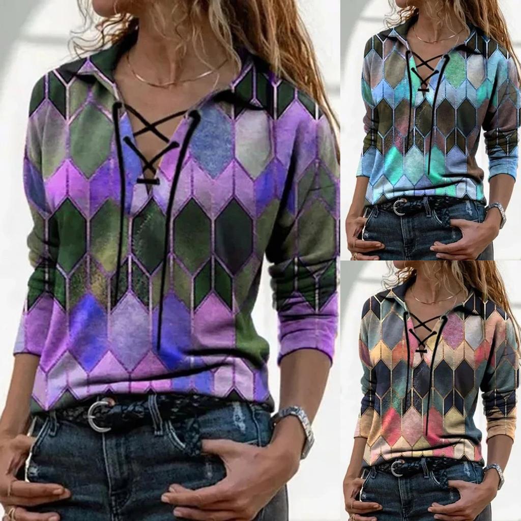Fashion Women Prints Long Sleeve Color Matching Bandage Tops Blouses
