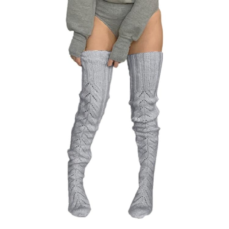 Damen Winter Beinwärmer Ausgestanzt Gestricktes Muster Oberschenkelhohe Stiefelsocken Einfarbige Über dem Knie Lange Strümpfe