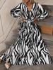 Zebra Print V-Neck Midi Dress - Elegant, Waist-Hugging, Long Sleeve, Autumn Fashion