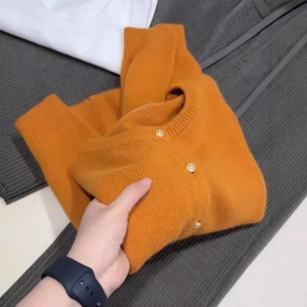 Orange long-sleeved knitted cardigan sweater women's autumn and winter loose soft waxy lazy coat top