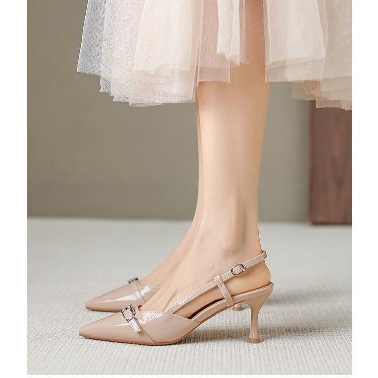 Small size 313233 back hollow toe high heels sandals spring and summer new French pumps black pointed toe shoes