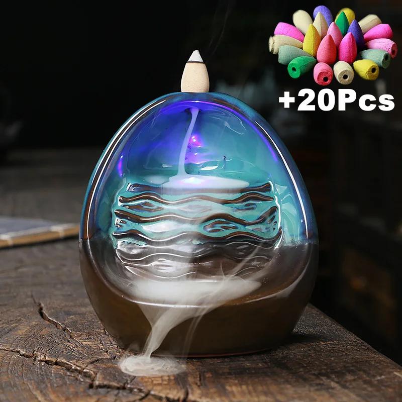 1pc Ceramic LED Incense Holder Waterfall Incense Burner, with 20pcs Incense Cones Aromatherapy Ornament Home Decor