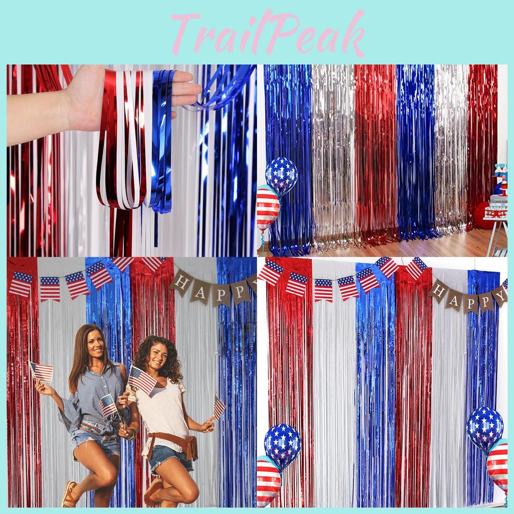 Festive Red Silver And Blue Foil Tinsel Curtain For Independence Day Celebration