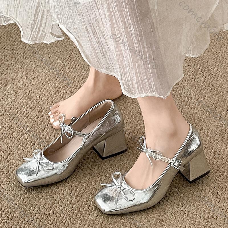Fashion Comemore Spring Autumn Women Mary Jane Shoes Fashion Butterfly-knot Thick Heel Shallow Mouth Single Shoe Solid Square Head Pumps