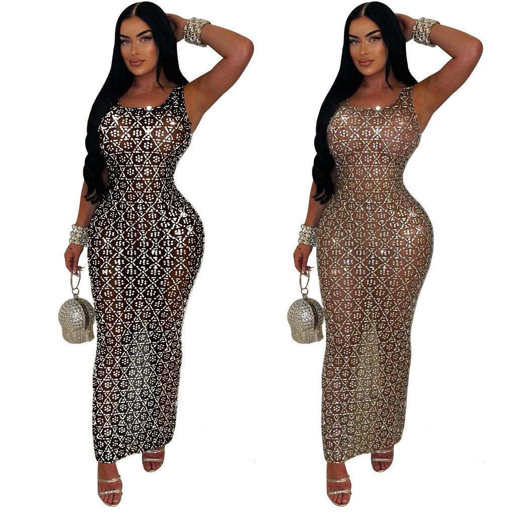 

Модное женское элегантное платье без рукавов со стразами, прозрачное платье подружки невесты на свадьбу, длинное платье макси, вечерние платья