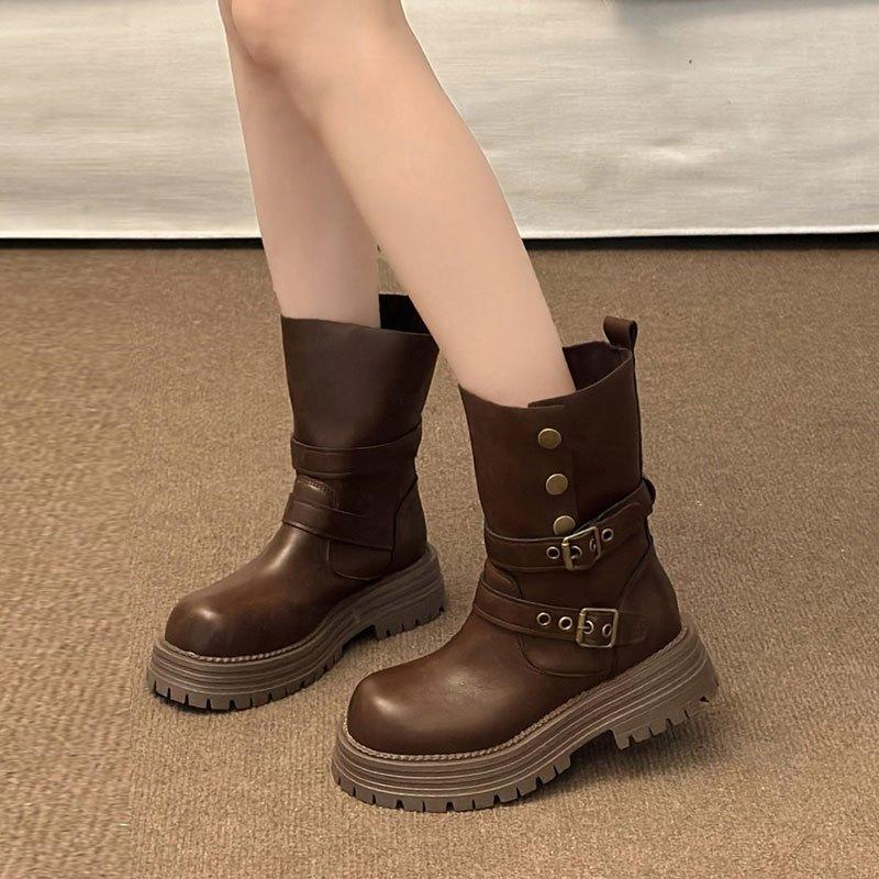 Japanese Maillard Knight Boots Women's Two Wear Belt Buckle Short Boots Women's British Style Medium Boots Thick-soled Retro Locomotive Boots