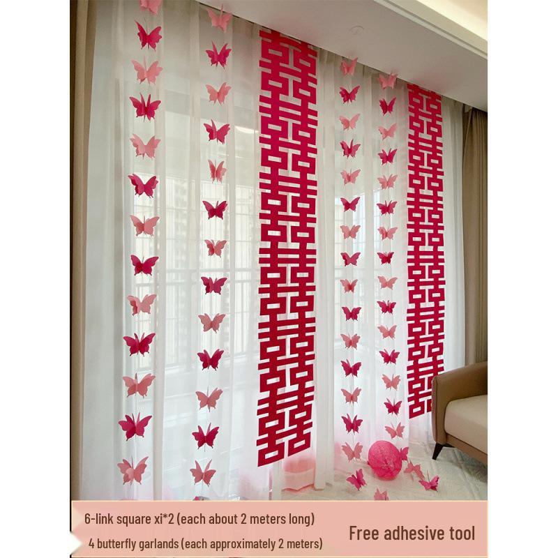 3D Butterfly Wedding Room Decoration Set: Double Happiness Curtains and Pull Flower Ornaments