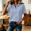 Camisa Casual de Mujer con Estampado de Rayas en Mangas Patchwork, Cuello en V con Media Botonadura, Manga Corta para Uso Diario