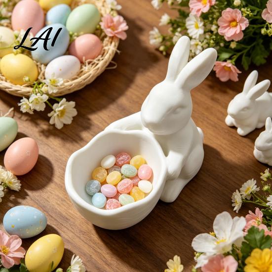 Decorative Bunny Candy Container 3D Printed Easter Bowl Cute Rabbit Holding Bowl Figurine DIY Paintable White Desk Smooth Surface Decor for