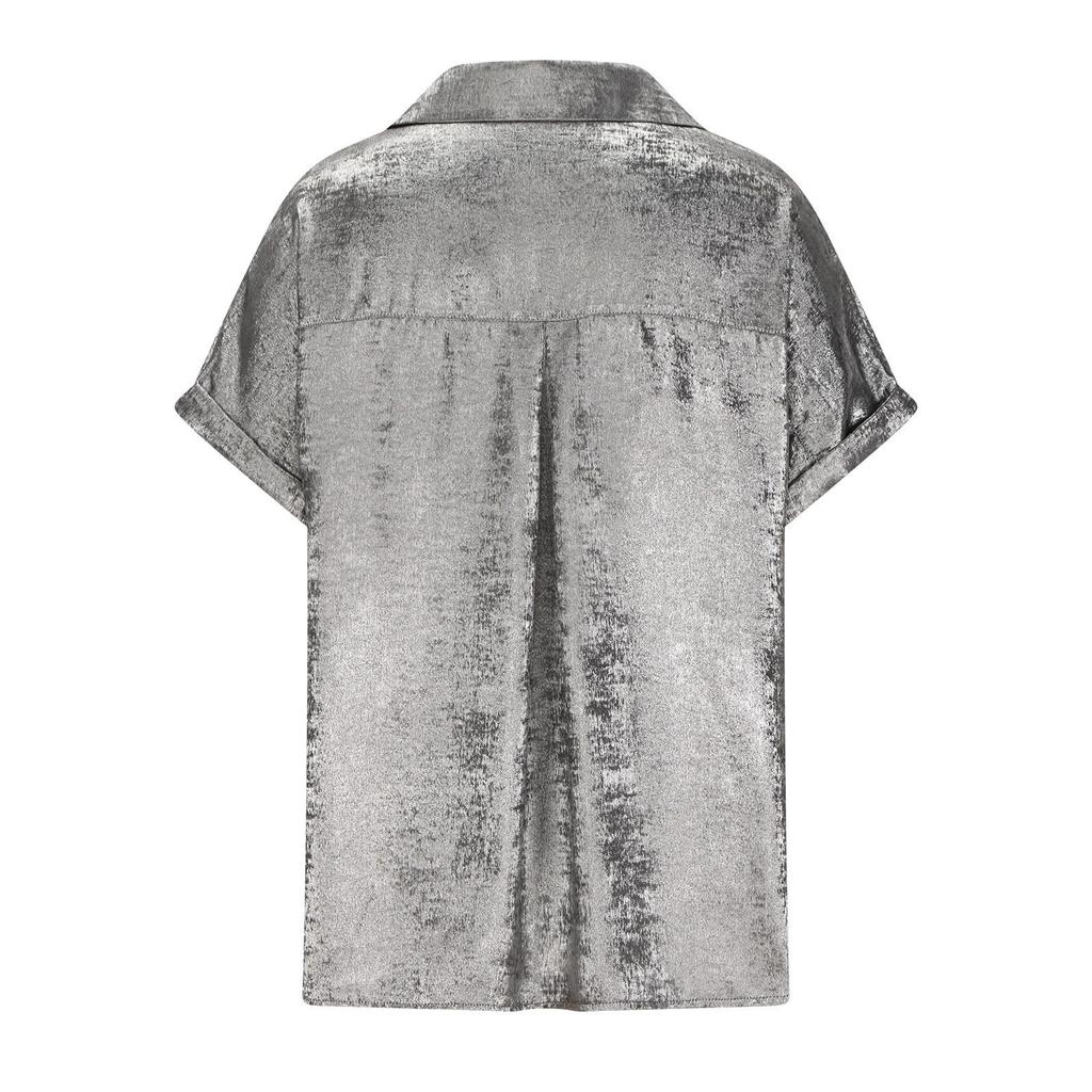 Women's Fashion Color Lapel Short Sleeved Loose Pullover Shirt Top