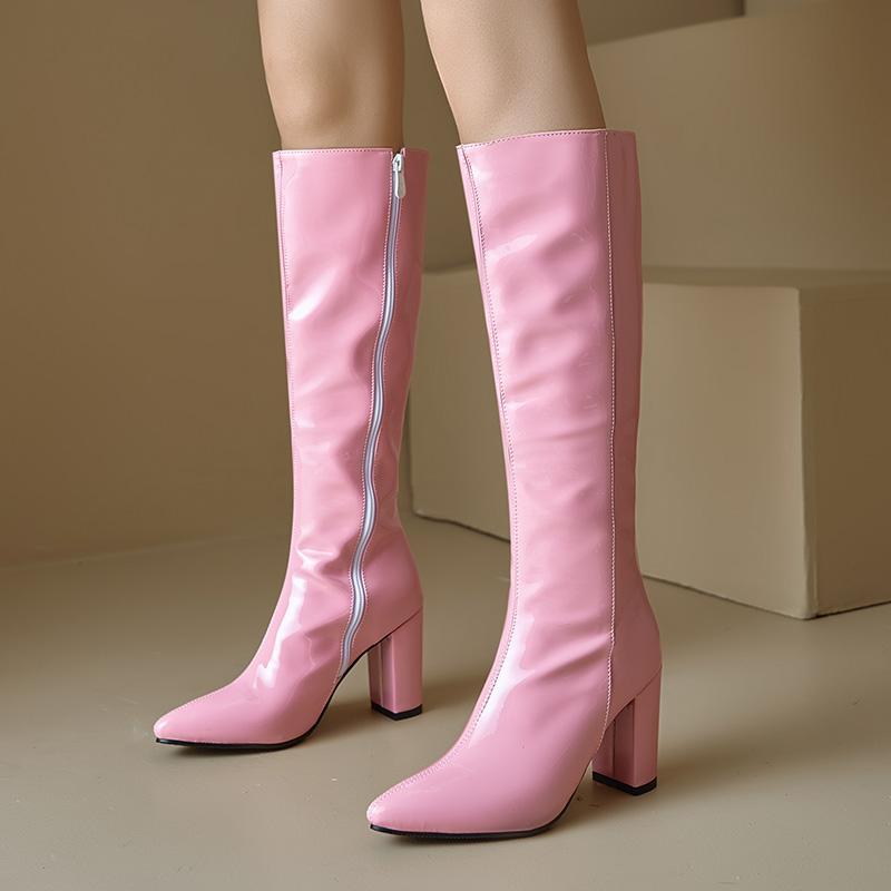 Cizme cu toc înalt pentru femei toamnă și iarnă noi temperament simplu culoare uni cu vârf ascuțit mărime mare cu toc gros cizme medii