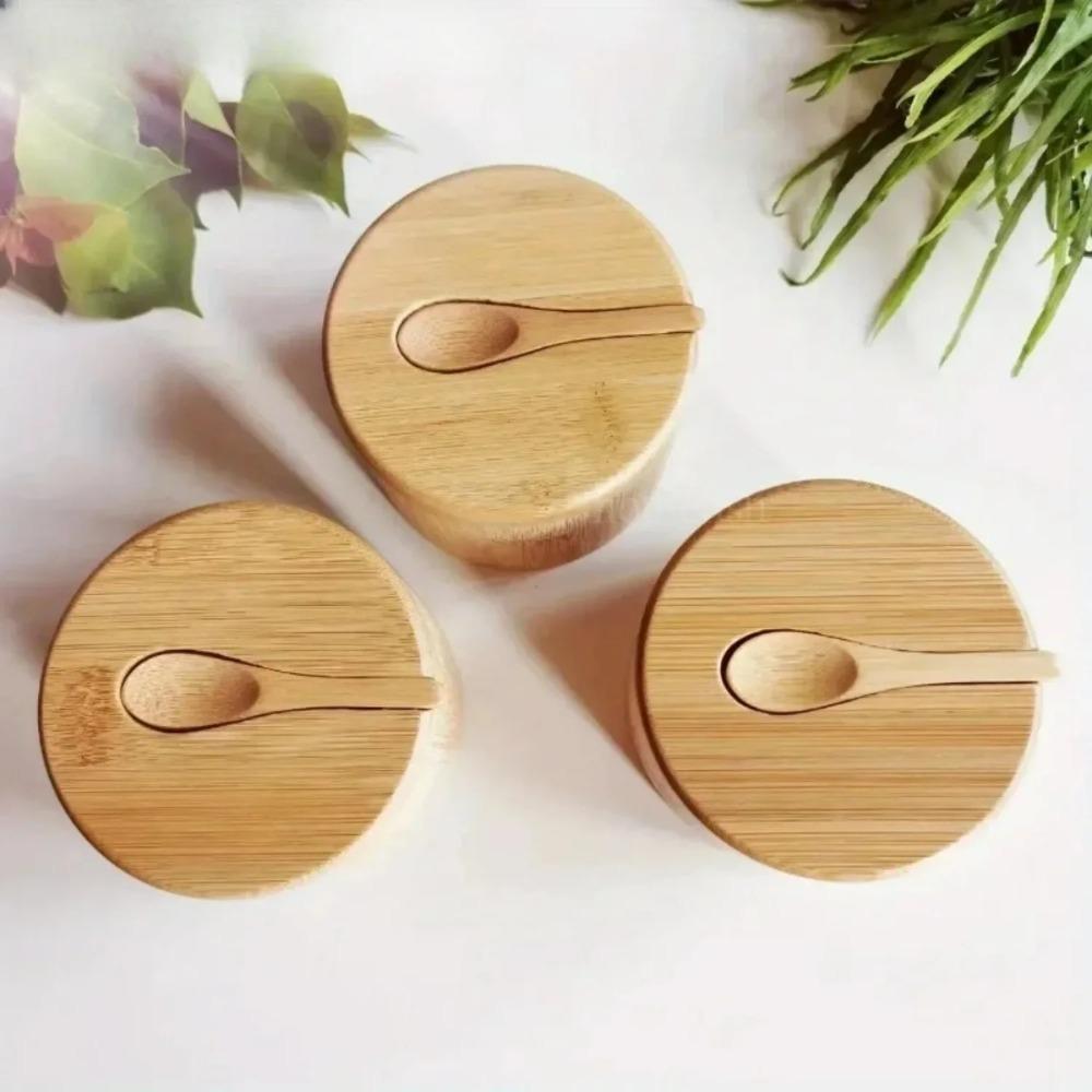 Kryddförvaringsburkset i bambu Träsockerburk med lock Fuktsäkert ställ Salt- och pepparkryddburk Skål Återanvändbar