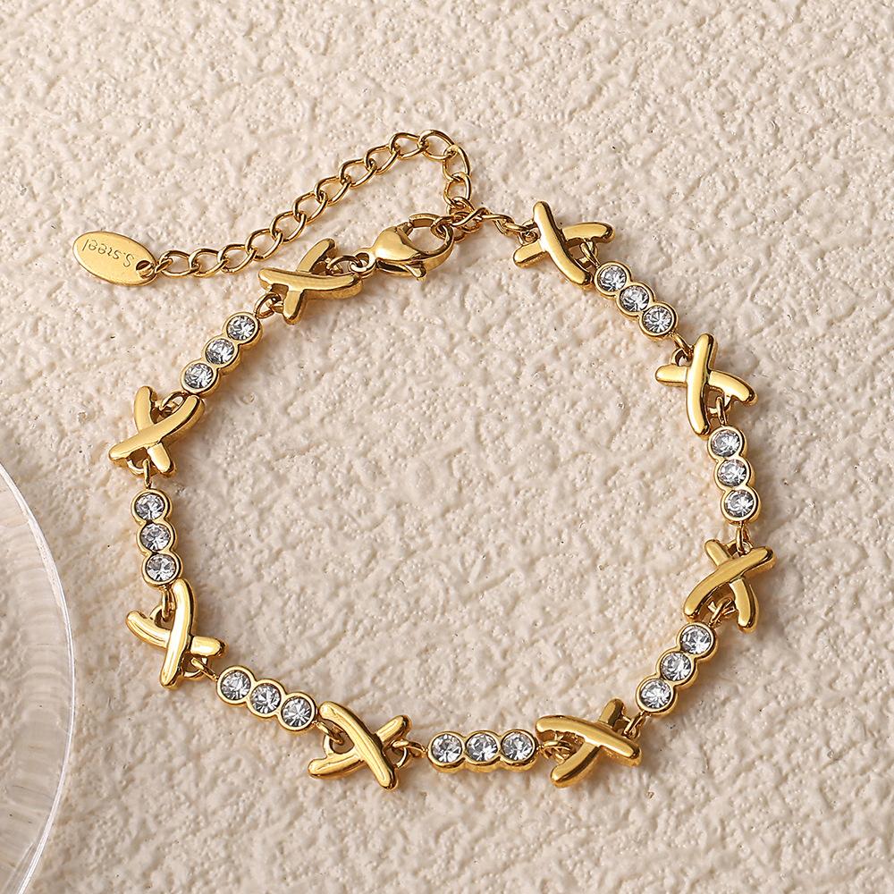 Fashion18K Gold Plated Stainless Steel X Link Cubic Zirconia Jewelry Set Necklace and Bracelet Jewelry