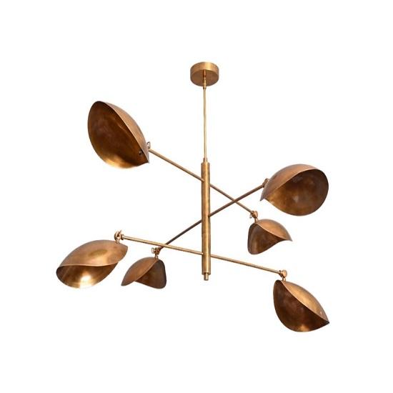 6 Light Curved Pendant Sputnik Chandelier | Mid Century Modern Raw Brass Ceiling Fixture