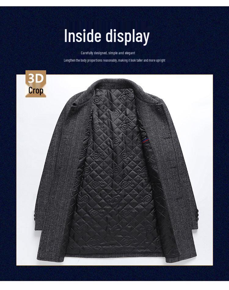 Men's Thickened Woolen Coat with Cotton Padding, Classic Striped Outerwear for Middle-Aged & Elderly, Dad's Style for Autumn/Winter.