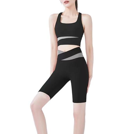 Workout Sets for Women 2 Piece Seamless U Neck Crop High Waist Shorts Color-Blocking Slimming Athletic Gym Yoga Outfits for Yoga Pilates Activewear