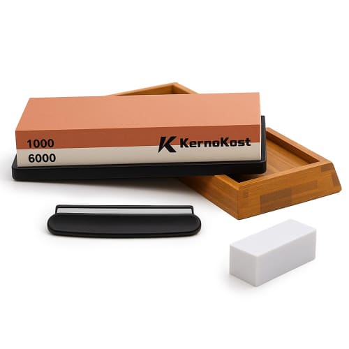 KernoKost Double-Sided Whetstone Set (#1000/6000), Includes Bamboo Non-Slip Base, Correction Stone, and Angle Guide, Ideal for Household Knives, Campi