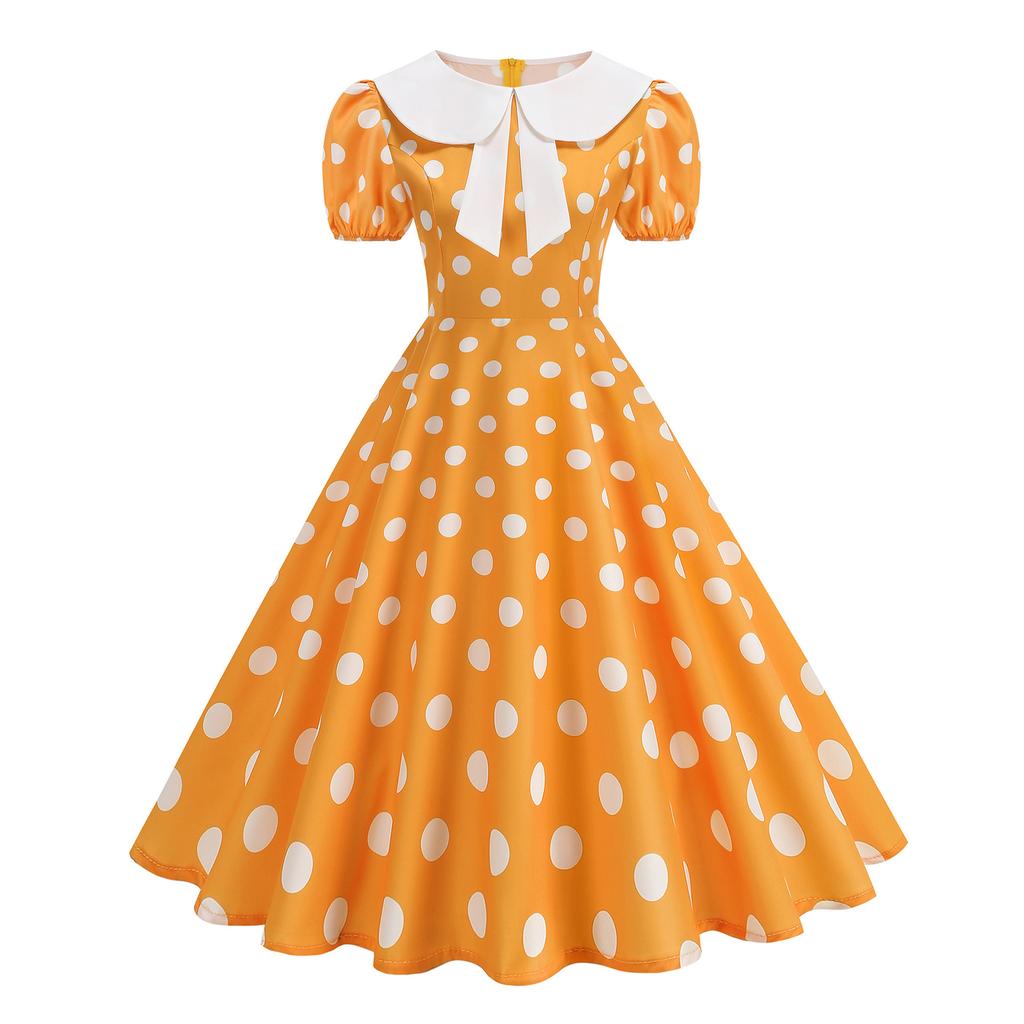 Women's Casual Polka Dot Dress with Collar and Puff Sleeves Slim Fit