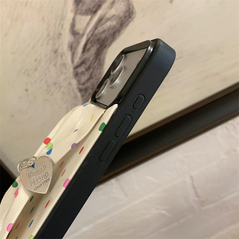 Cute Rainbow Polka Dot Bow Phone Case For iPhone 17 Pro 16 15 14 Pro Max with Heart Pendant Leather Shockproof 16 17 15pro Cover