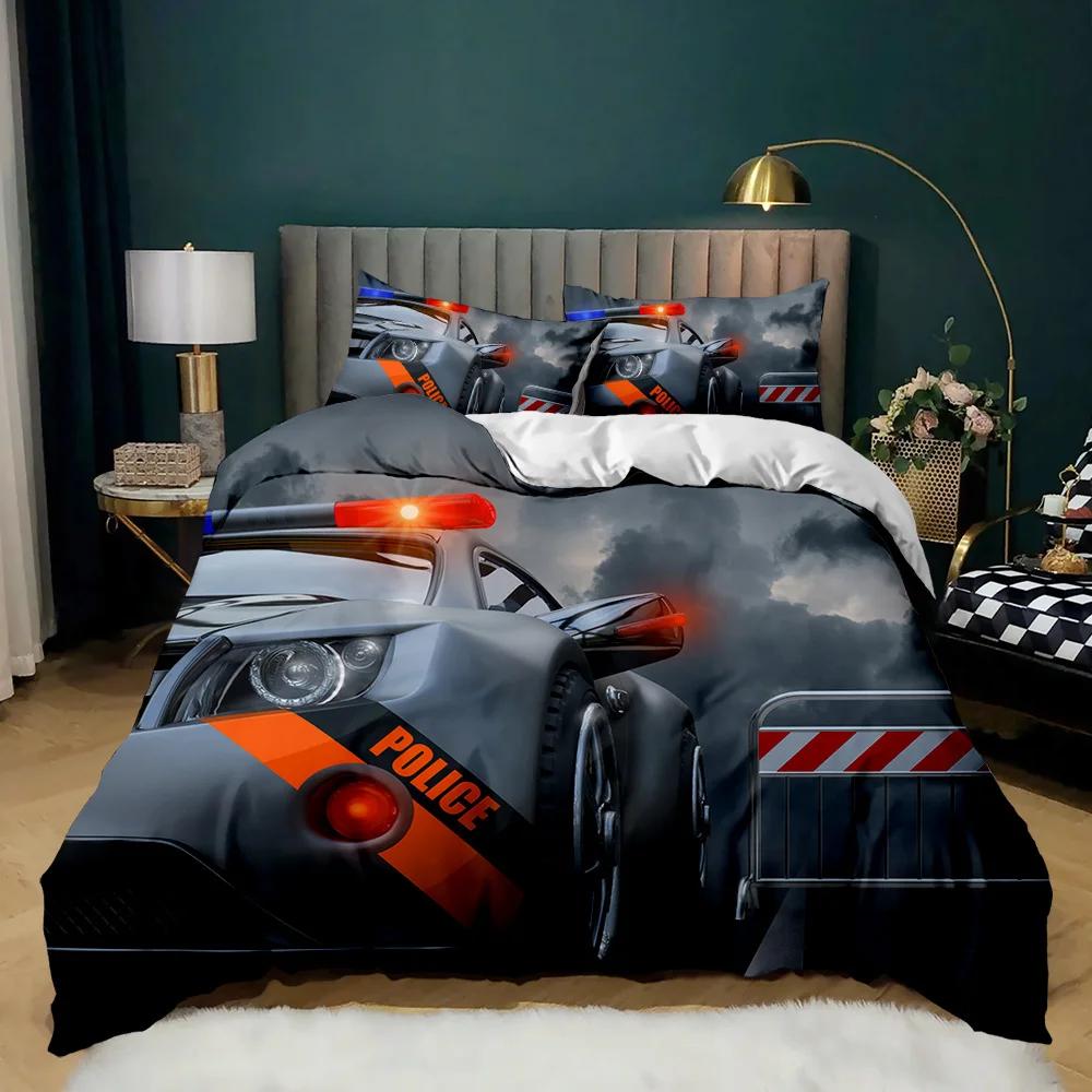 Poszewka na kołdrę z samochodem policyjnym Czarny zestaw pościeli dla dwóch osób Samochód policyjny Poszewka na kołdrę z kreskówki Pojazd Czerwony Policyjny Światła Poszewka na kołdrę z poliestru