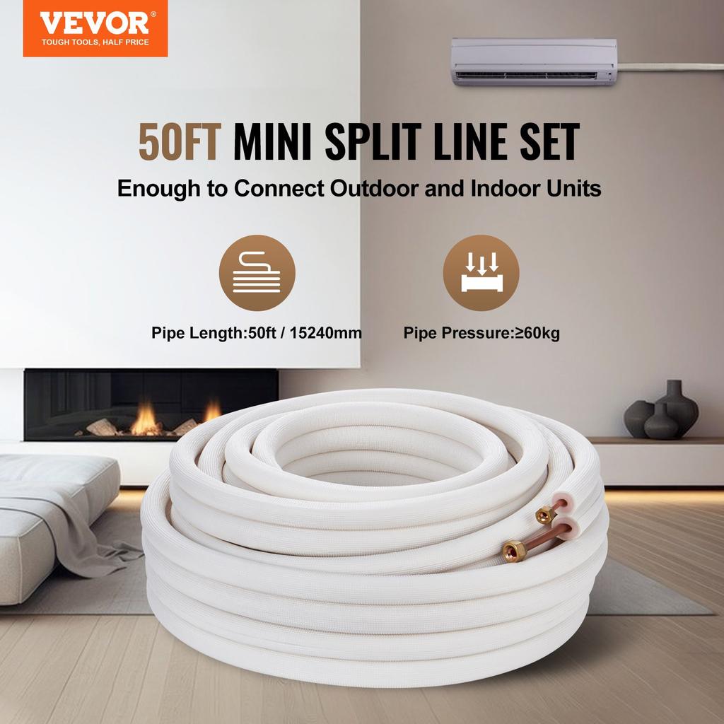 VEVOR 15240mm Mini Split Line Set, 6.4 & 9.5mm O.D Copper Pipes Tubing and Triple-Layer Insulation