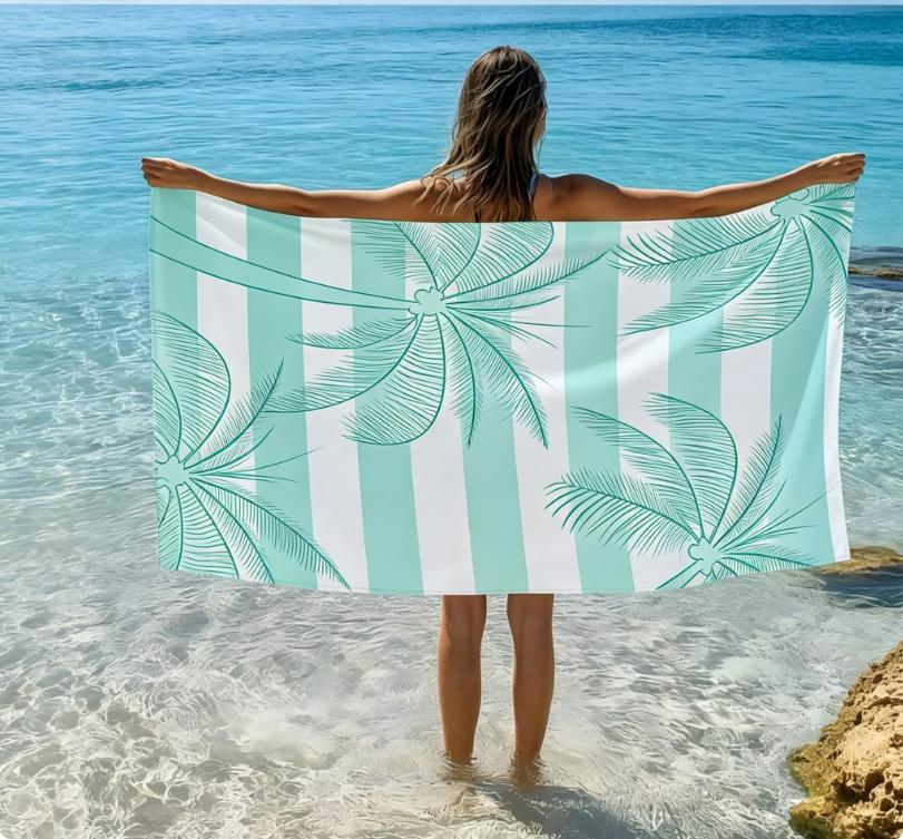 Turquoise Palm Tree Striped Beach Towel, Microfiber Sand Free Quick Dry Tropical Summer Print Soft Absorbent for Vacation & Pool