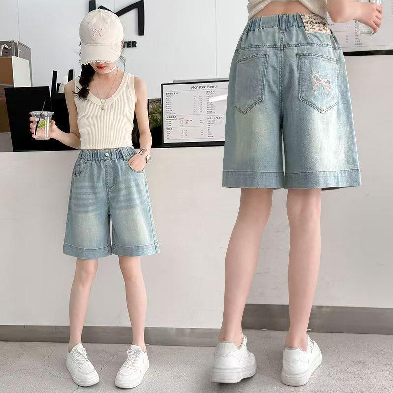 Stylish High-Waisted Embroidered Tencel Denim Knee-Length Shorts for Girls Size 120