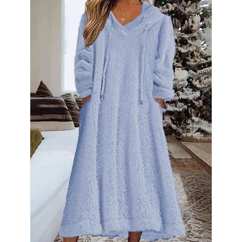 DAFIFY Women's Fashion Fall Winter Solid Color Print Long Sleeve Hooded Loose Waistline Casual Dresses