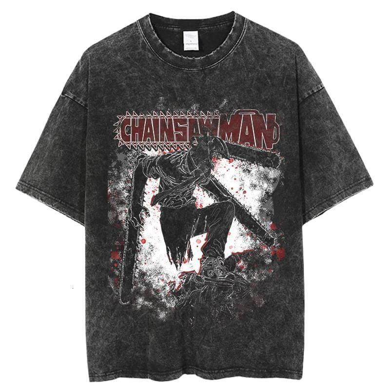 Kettensägenmann Power Blutdämon Anime T-Shirt 2026 Sommer Vintage Gewaschen Unisex Baumwolle Lockere Passform Kurzarm Streetwear Grafik