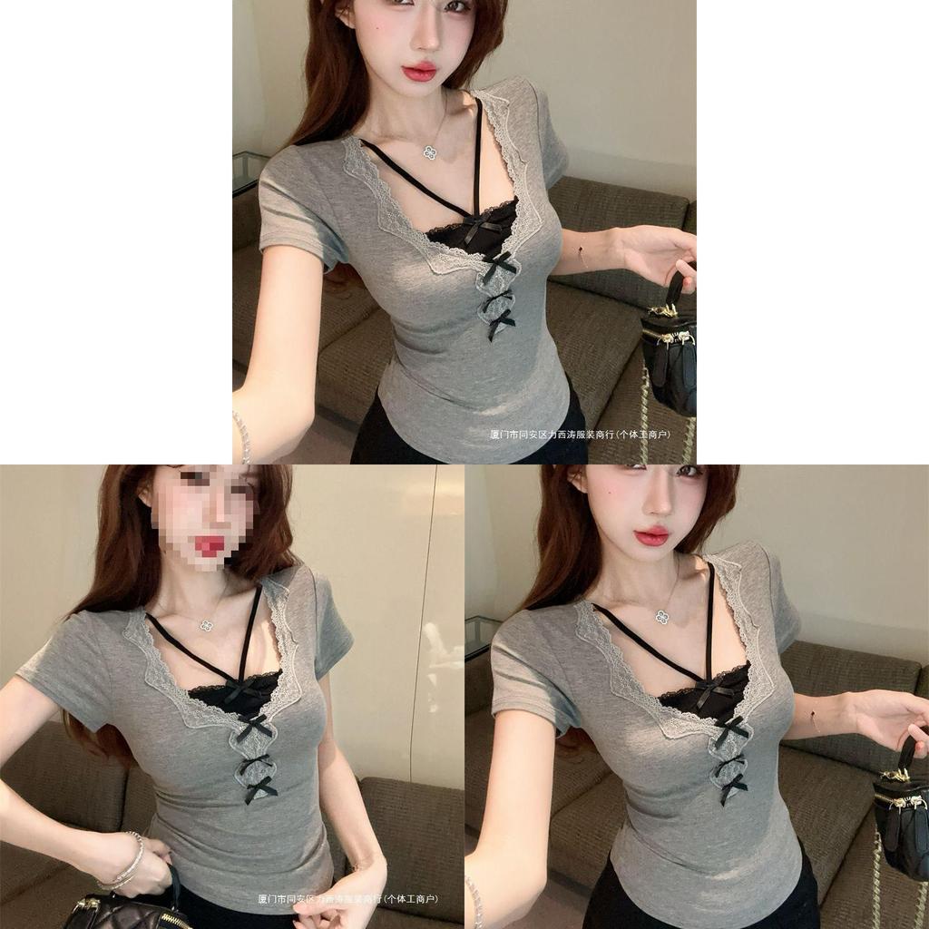 Summer Girl Butterfly Knot Lace T Shirt With Embroidery For Casual Wear