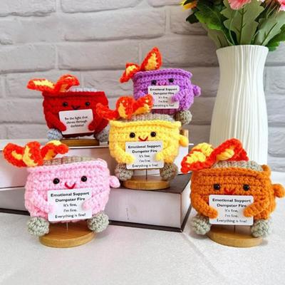 Crocheted Dumpster Plush Doll Emotional Support Gift Handmade Crochet Trash Can Flaming Trash Can Knitting Doll Funny Desk Decor