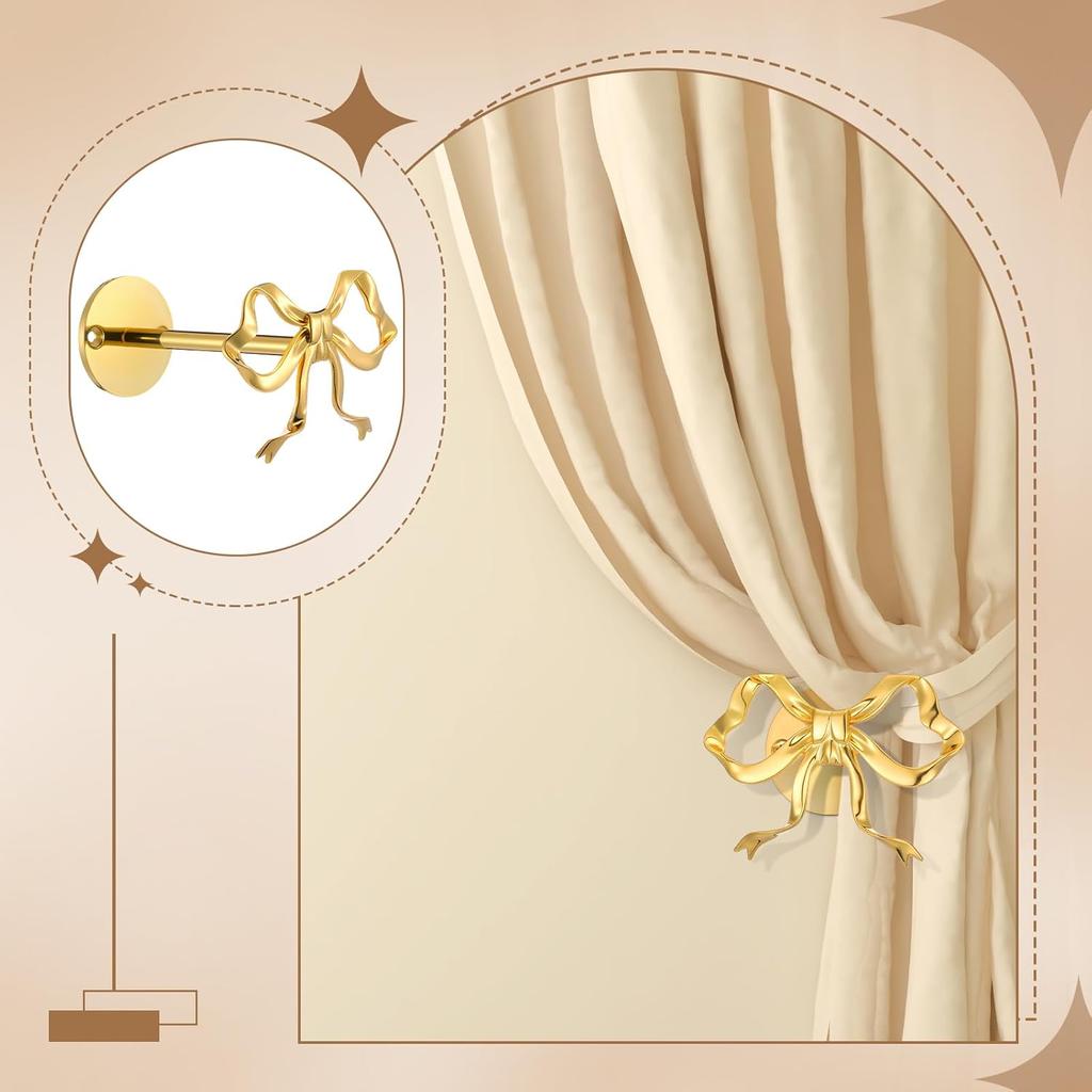 2 Pcs Metal Bow Curtain Holdbacks Gold Wall Mounted Bow Curtain Hold Backs Curtains Modern Gold Holders for Living Room Bedroom Office Home