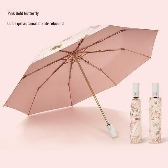 Gold Curved Hook Sunshade Sun & Rain Anti-UV Folding Umbrella for Women